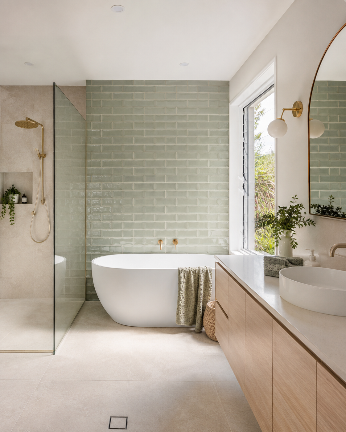 Light-filled bathroom with sage tiles, freestanding bath and timber vanity