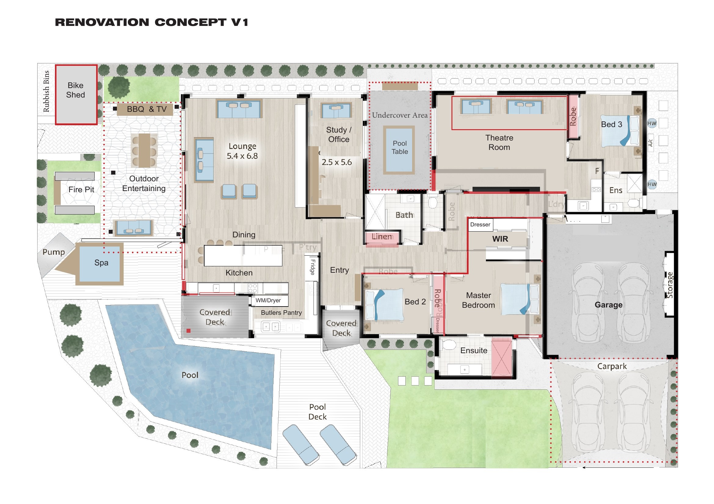 Renovation concept plan used to explore how the property could work as one home