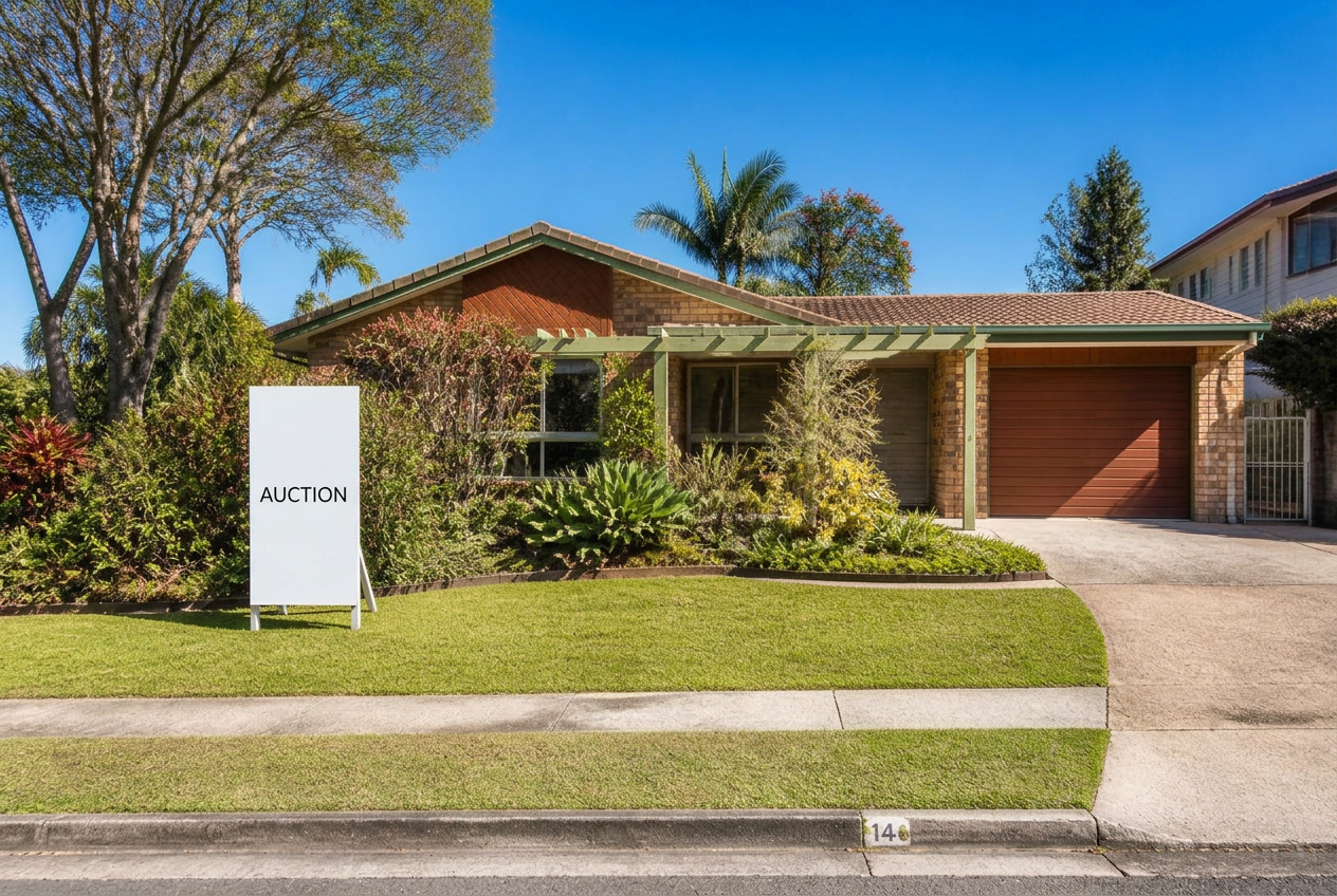 Older single-storey Sunshine Coast home with an auction sign on the front lawn