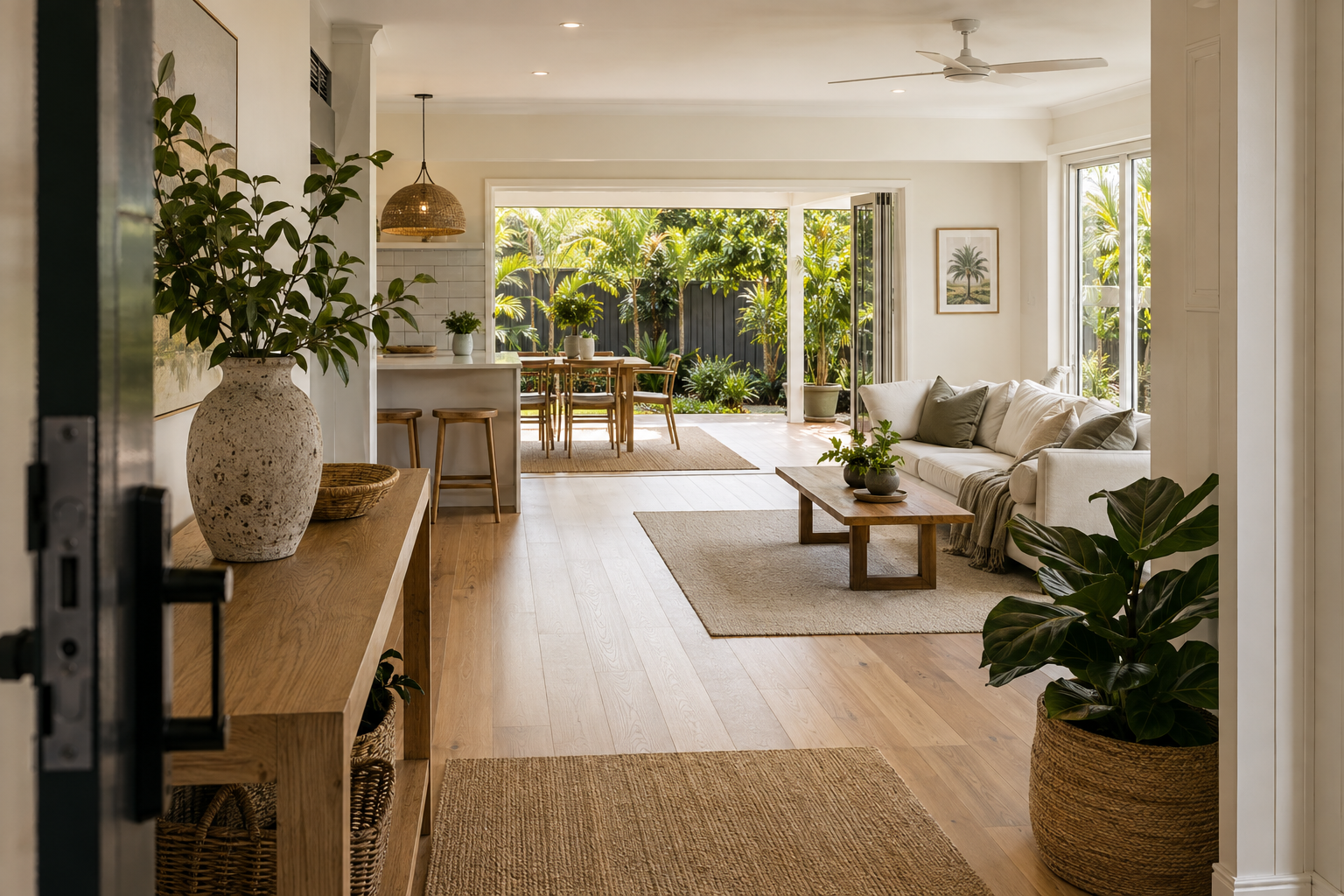 Entry view through an open-plan living area to a leafy outdoor courtyard