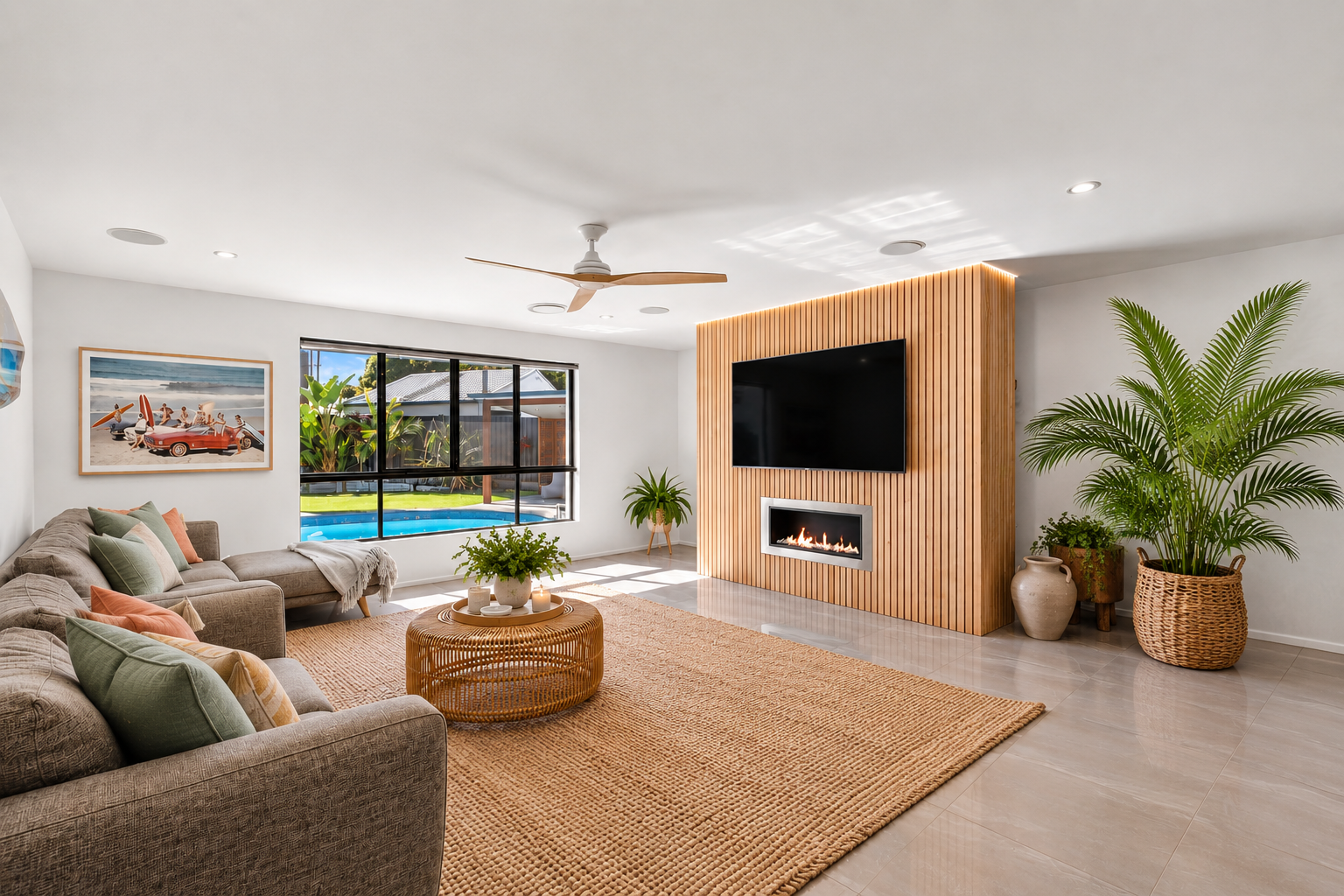 Living room with a timber batten feature wall, fireplace and outlook to the pool