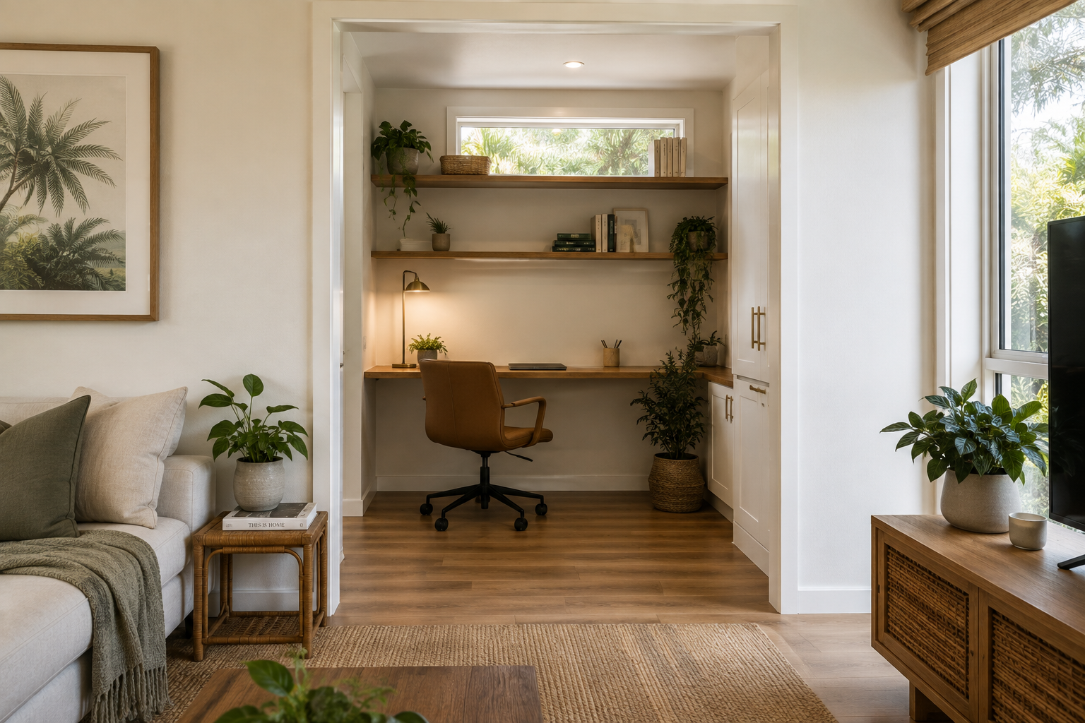 A separate study nook created off the living room for privacy and quiet