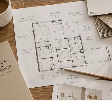 Marked-up floor plans with renovation strategy notes