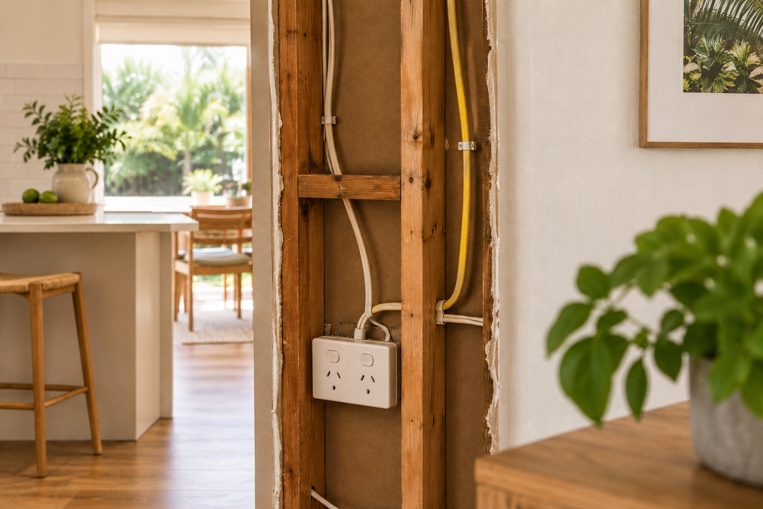 An opened wall cavity revealing electrical wiring and services