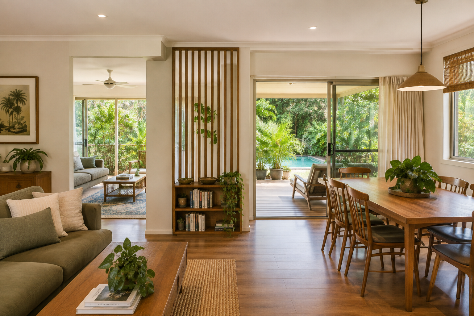 A timber slat screen creating separation between living and dining areas