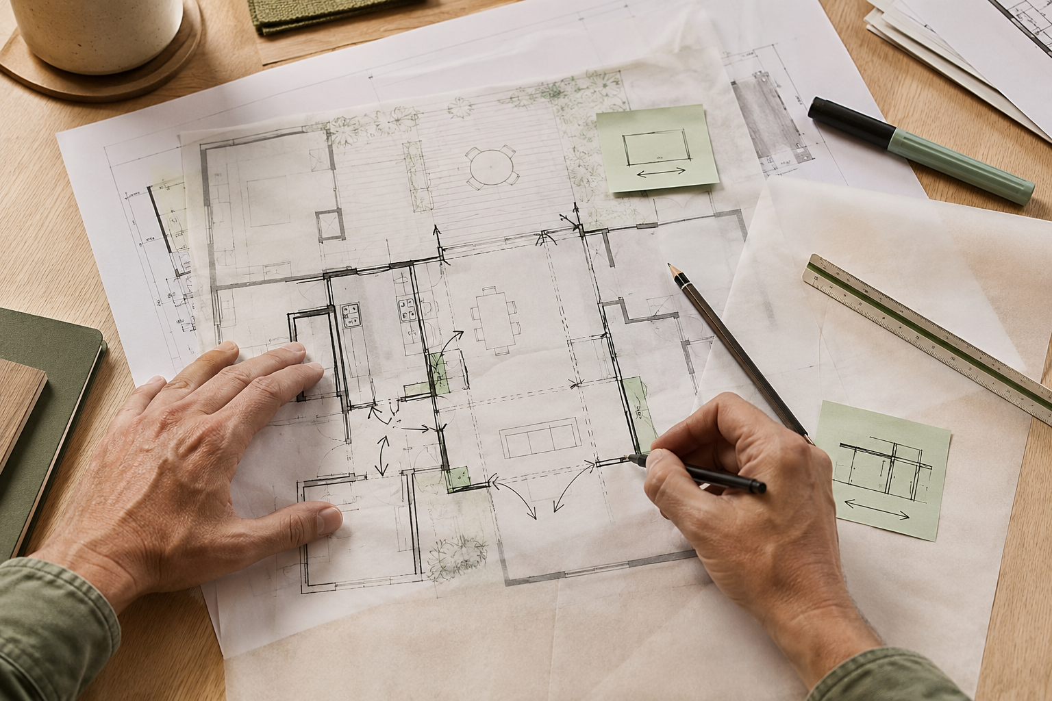 Hands marking up a floor plan with notes and arrows to assess renovation potential