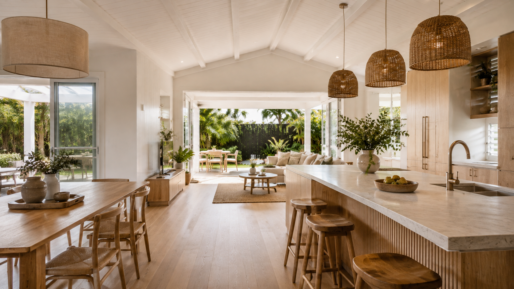 Bright open-plan kitchen, dining and living space with timber floors, woven pendant lights and bi-fold doors opening to a garden