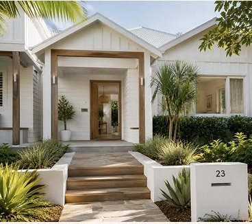 White coastal home entrance with landscaped garden