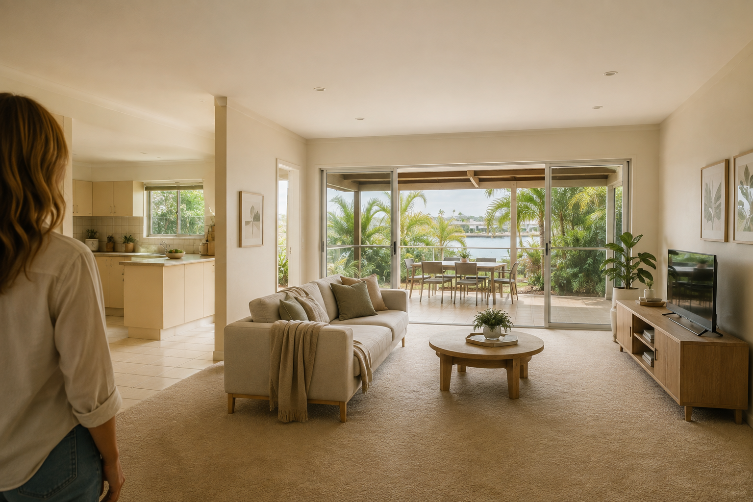 Homeowner standing in an open-plan living area looking towards the kitchen and outdoor deck