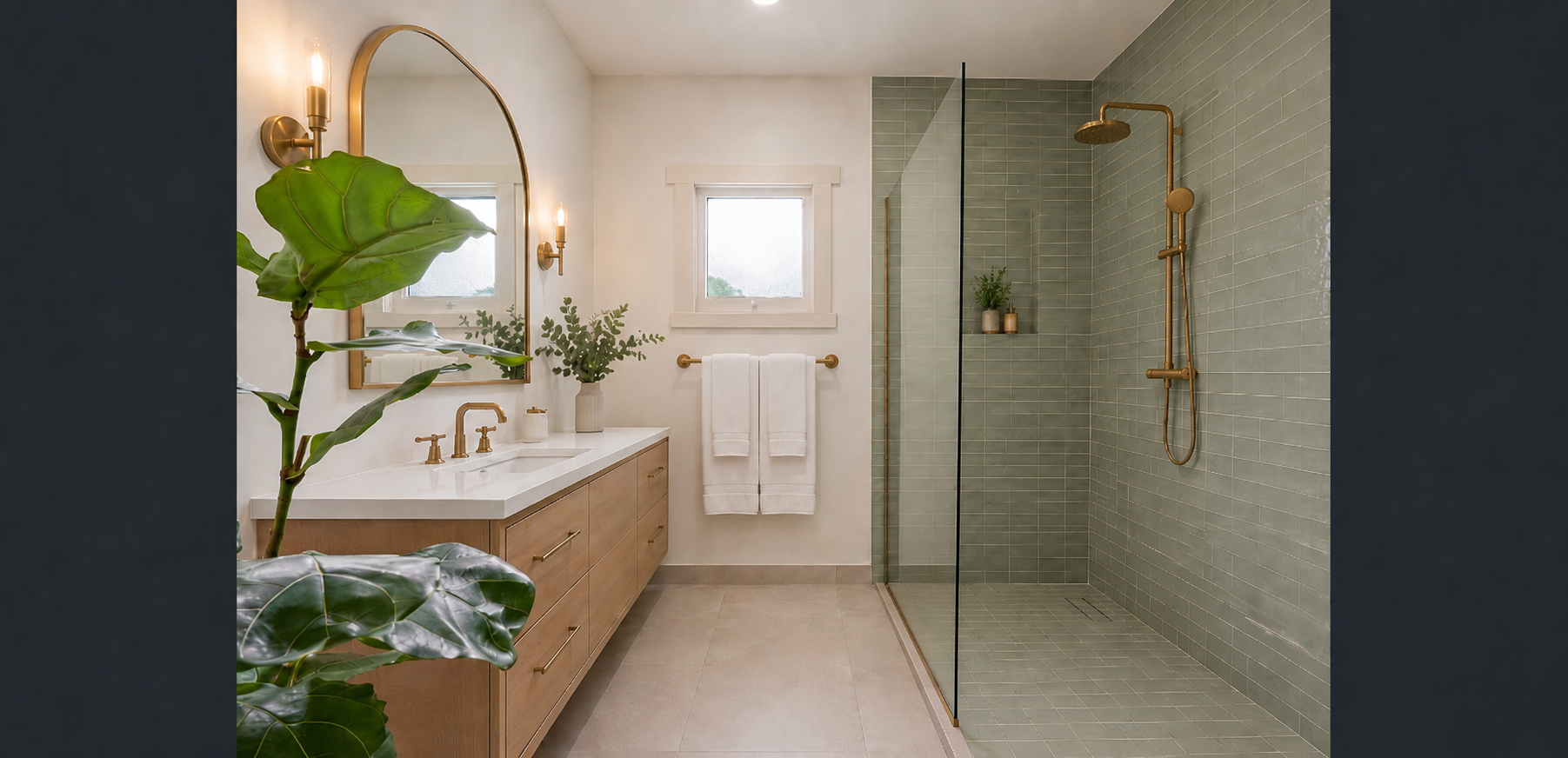 Renovated cottage bathroom with tiled walls, timber vanity and simple fixtures