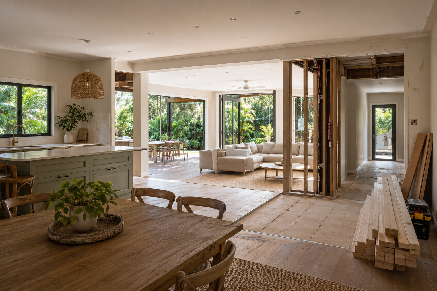 Open-plan kitchen, dining and living space with renovation work underway and garden views