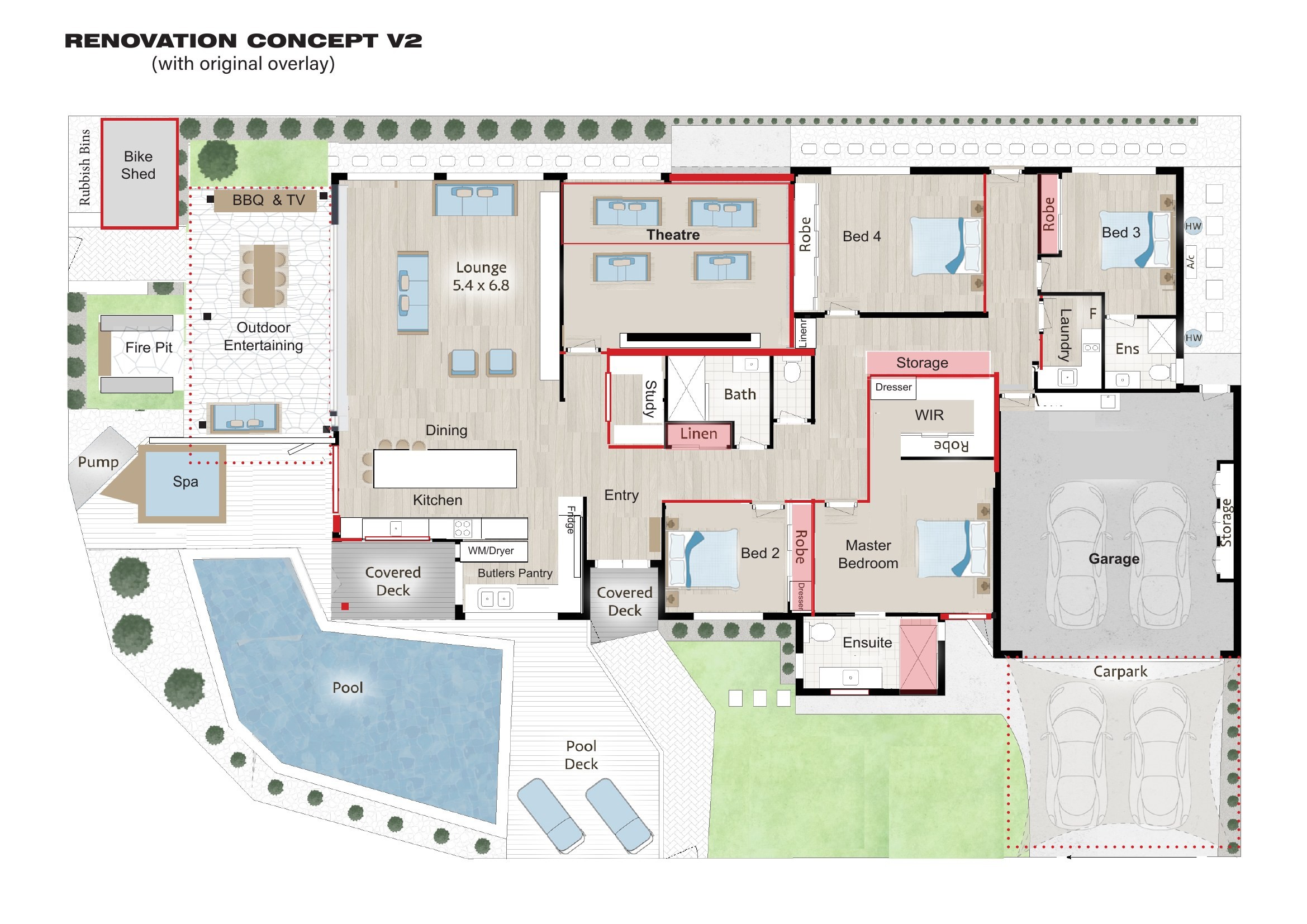 Alternative renovation concept plan shown over the original building outline