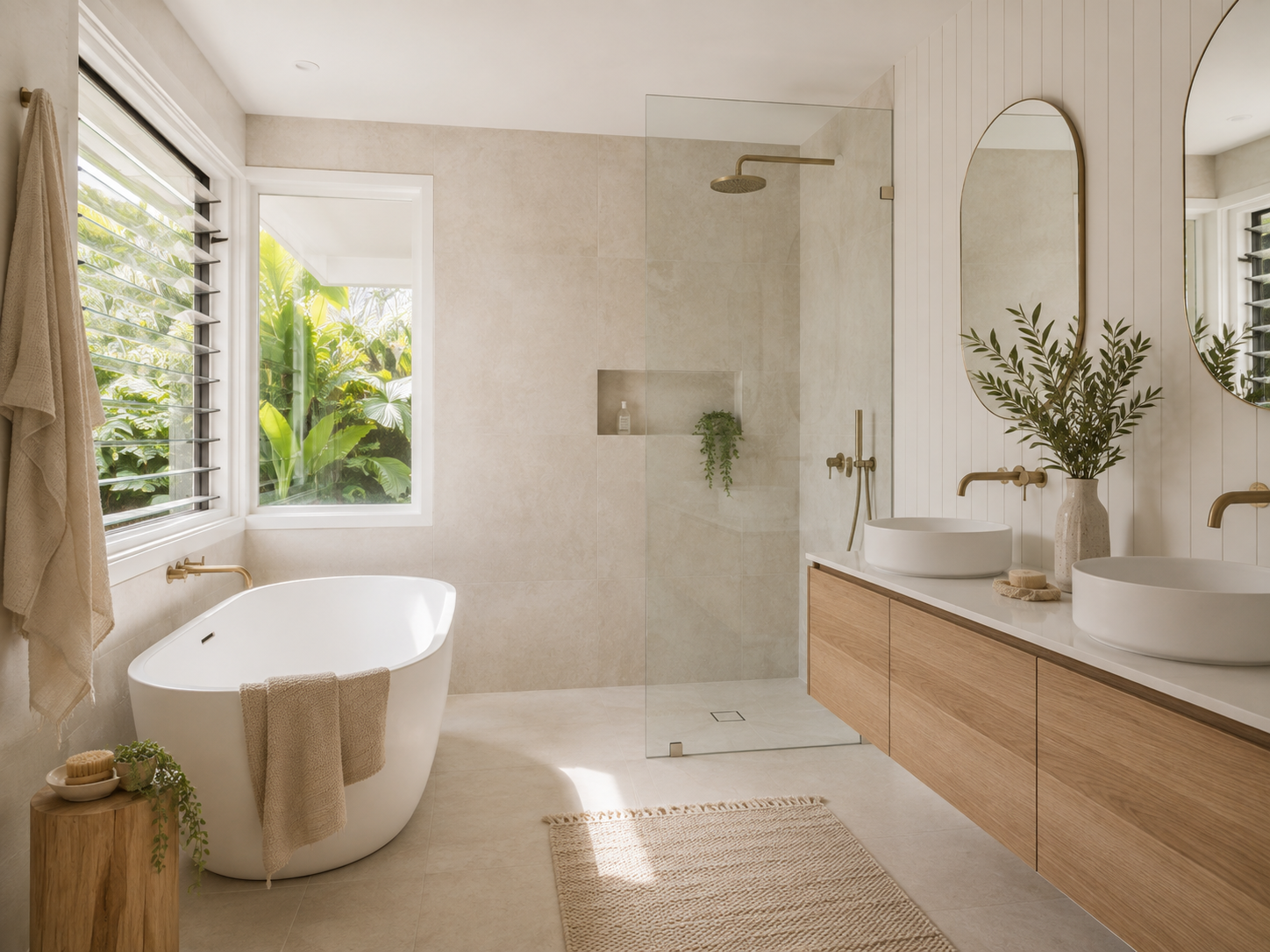 Light-filled coastal bathroom with freestanding bath, timber vanity, brass fittings and lush garden views