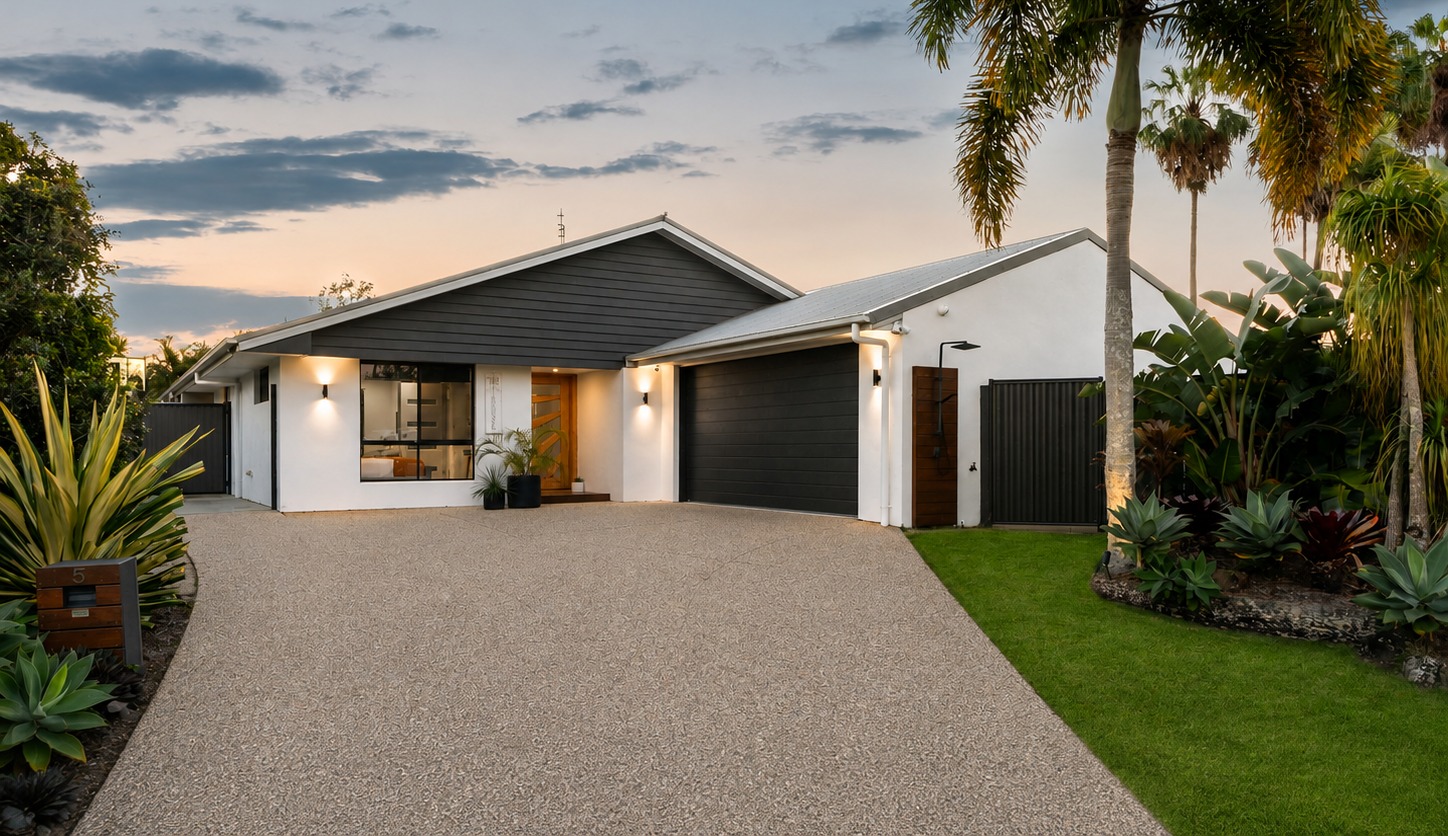 Refreshed street frontage at dusk with timber entry, lighting and new planting