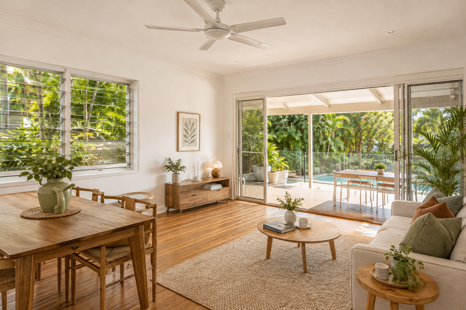 Open-plan living and dining space opening to a covered deck and pool