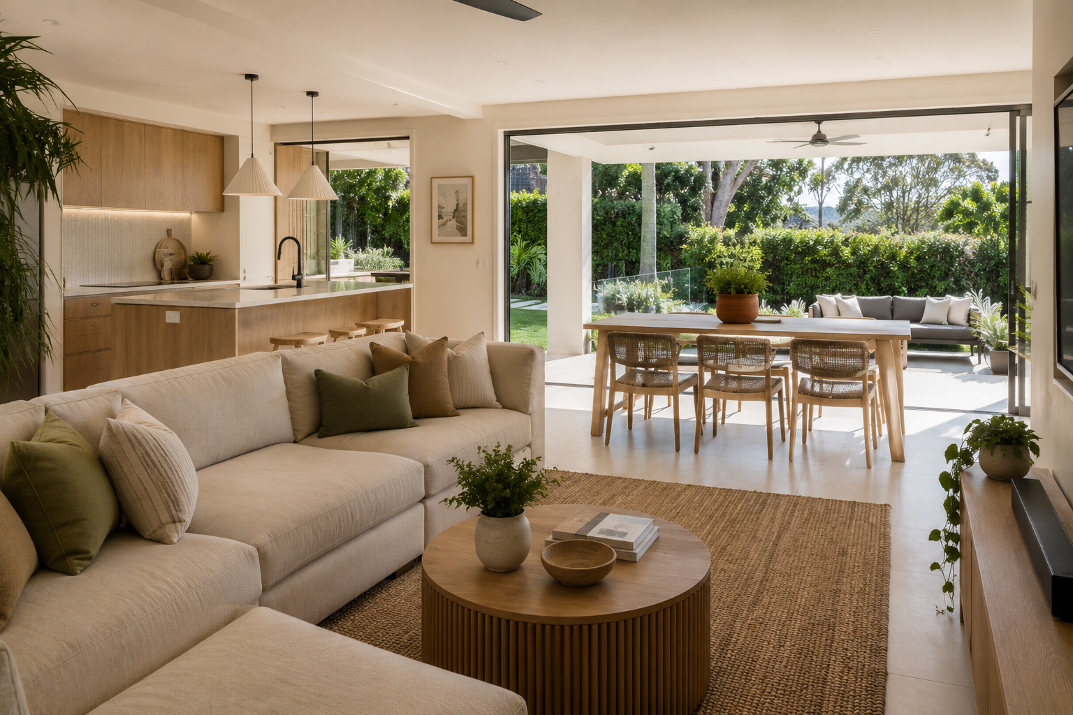 Open-plan coastal living and dining area with timber kitchen, linen sofa and sliding doors opening to an outdoor entertaining space and garden