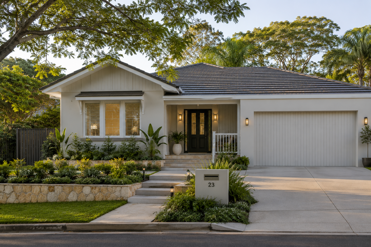 Single-level coastal home exterior with a black front door, landscaped garden and stone retaining wall