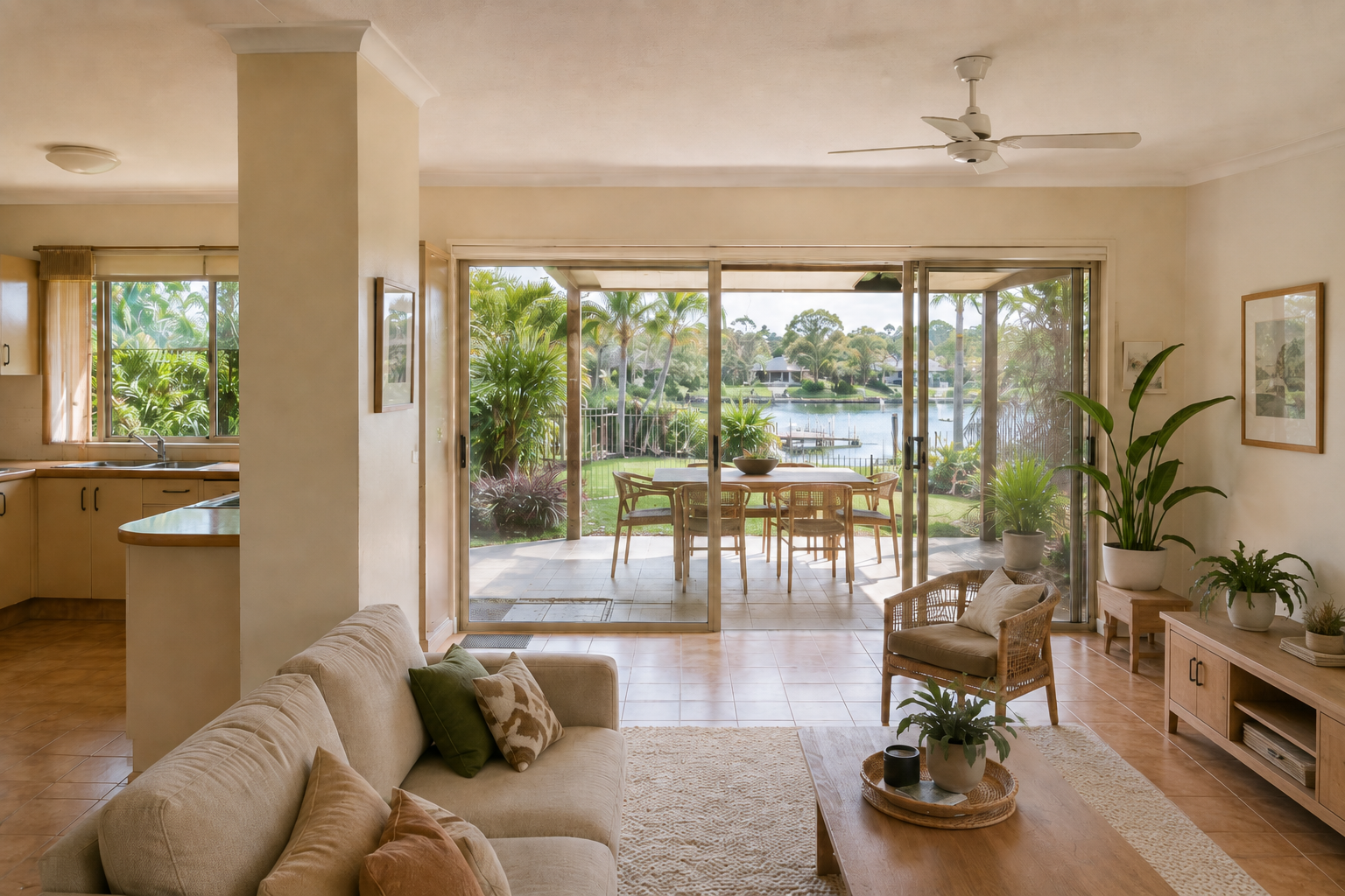 Open-plan living and dining area with sliding doors opening to an outdoor deck overlooking a calm waterway