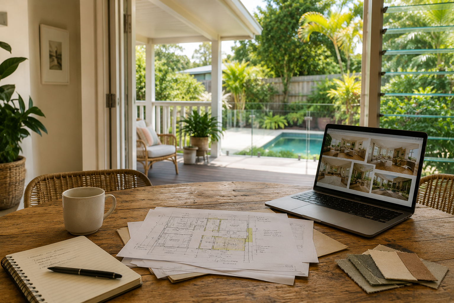 Floor plans, notebook, laptop and material samples on a dining table overlooking a pool