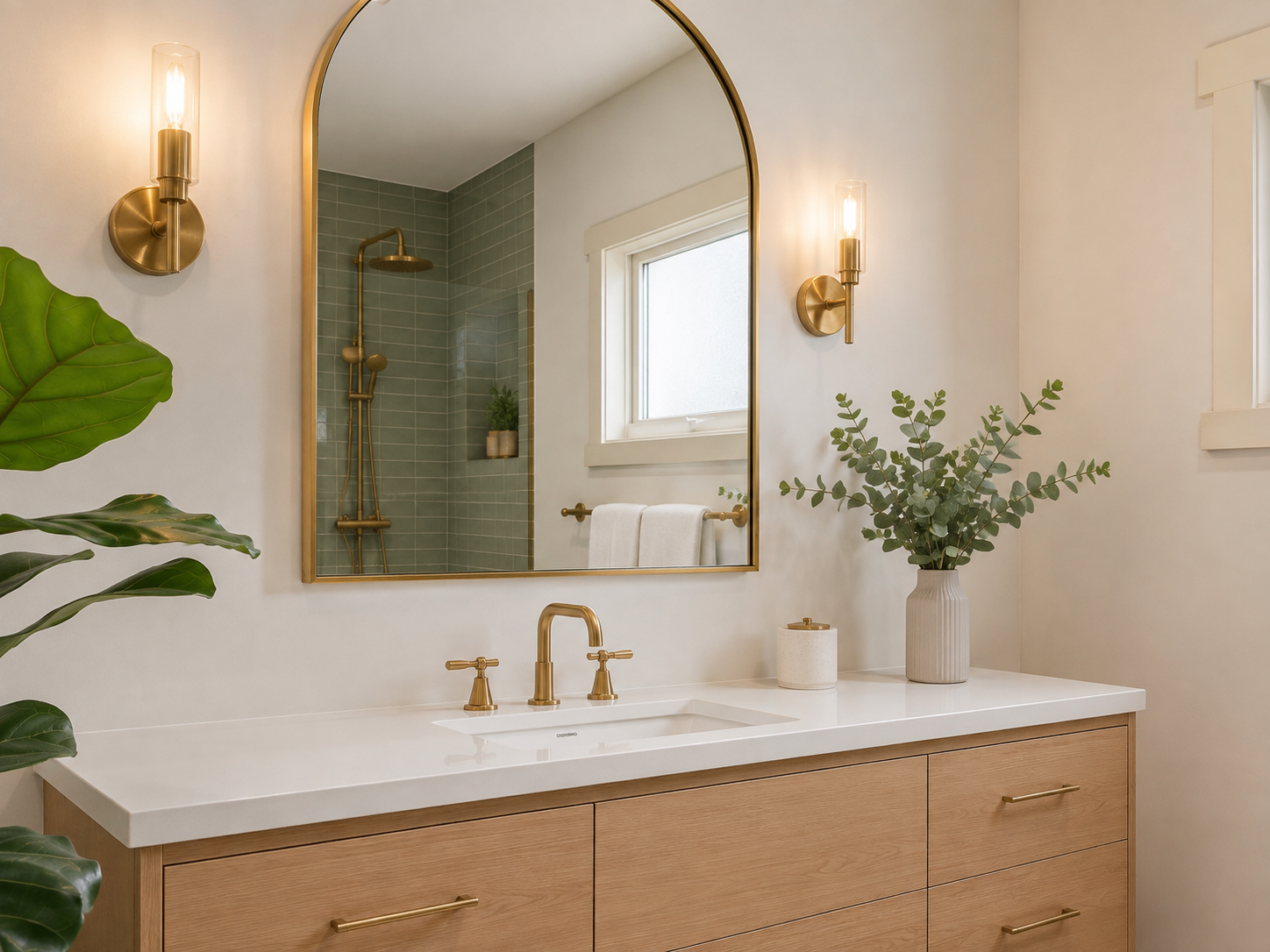 Close-up of the renovated bathroom vanity with timber cabinetry, stone benchtop and brass fixtures