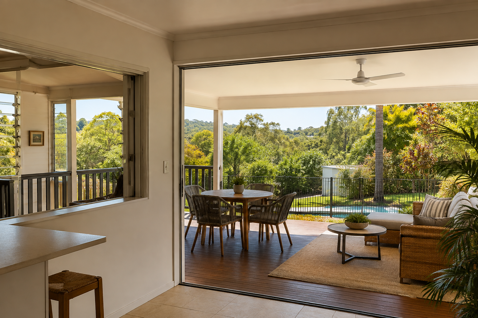 Kitchen opening onto a covered deck with dining and lounge seating and hinterland views