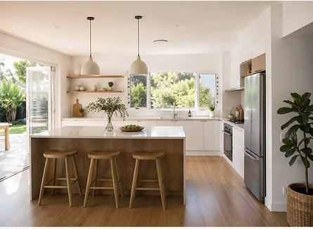 Bright white kitchen with timber island and stools