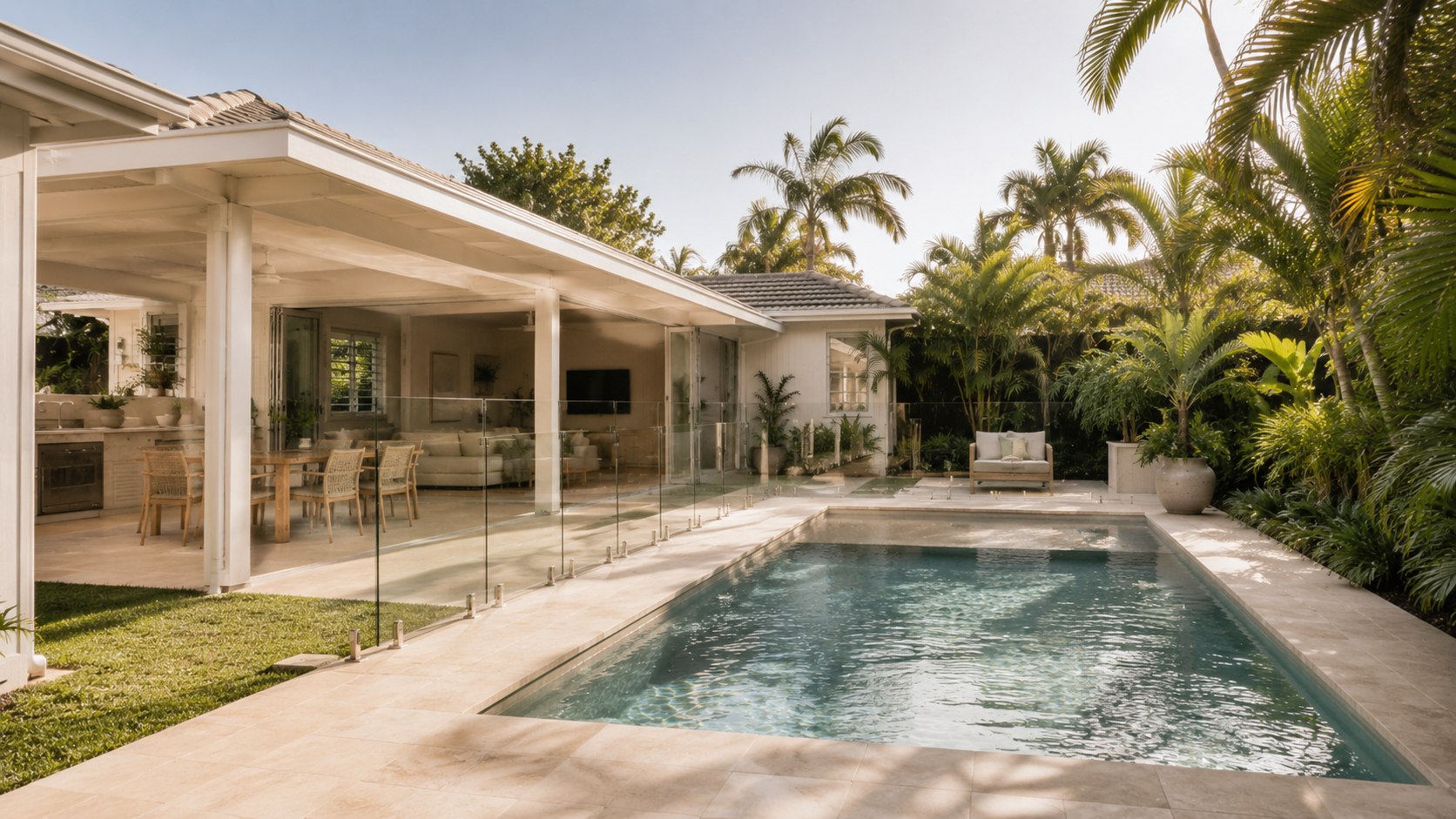 Bright covered outdoor living area beside a swimming pool, with bi-fold doors opening to an open-plan interior and lush tropical landscaping