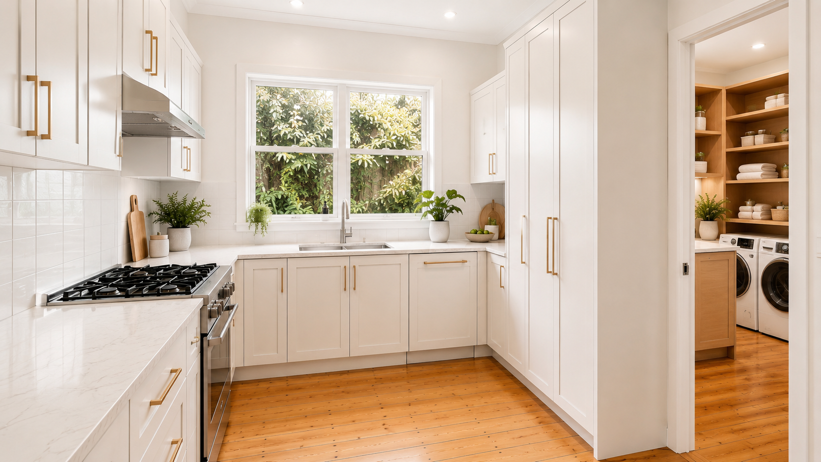 Renovated cottage kitchen with white cabinetry, timber flooring and simple hardware