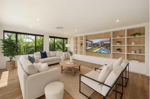Bright family lounge with timber feature joinery and garden outlook after reworking the dual-living plan