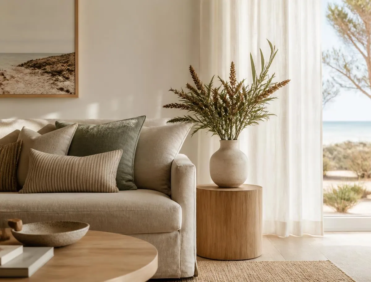 Calm living room with linen sofa, round timber table and a vase of greenery