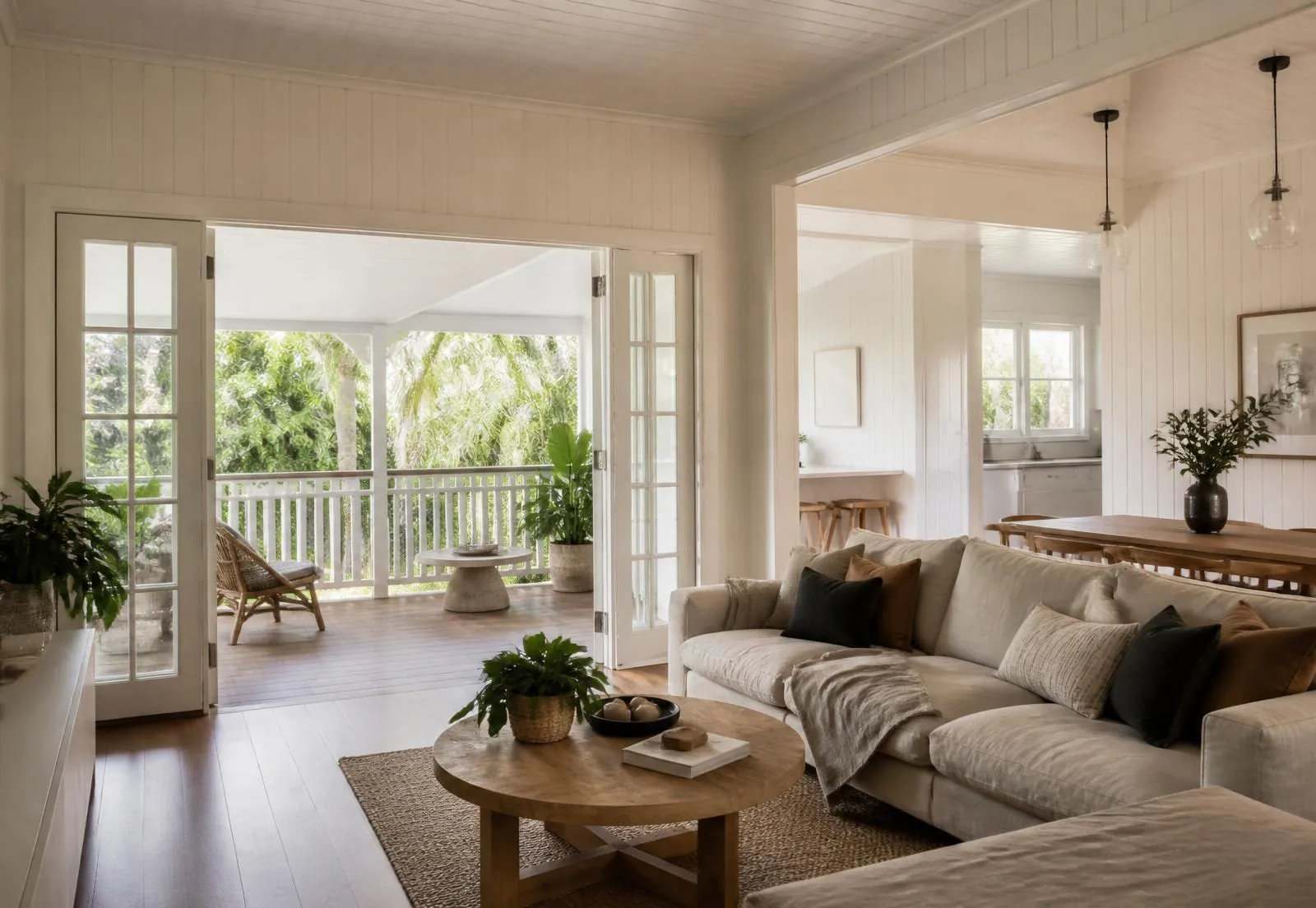 Open living space with wide glass doors opening to a pool and garden