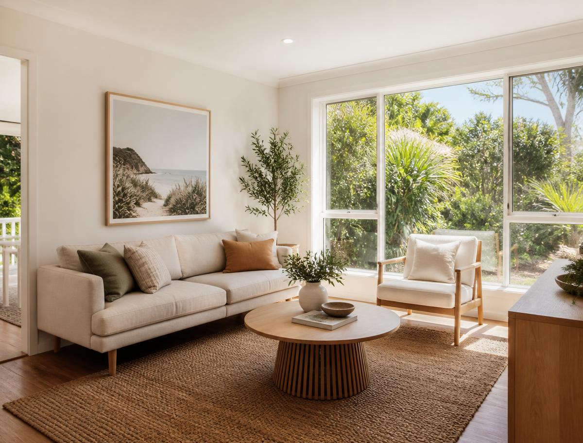 Styled living room with linen sofa, sheer curtains and greenery prepared for sale