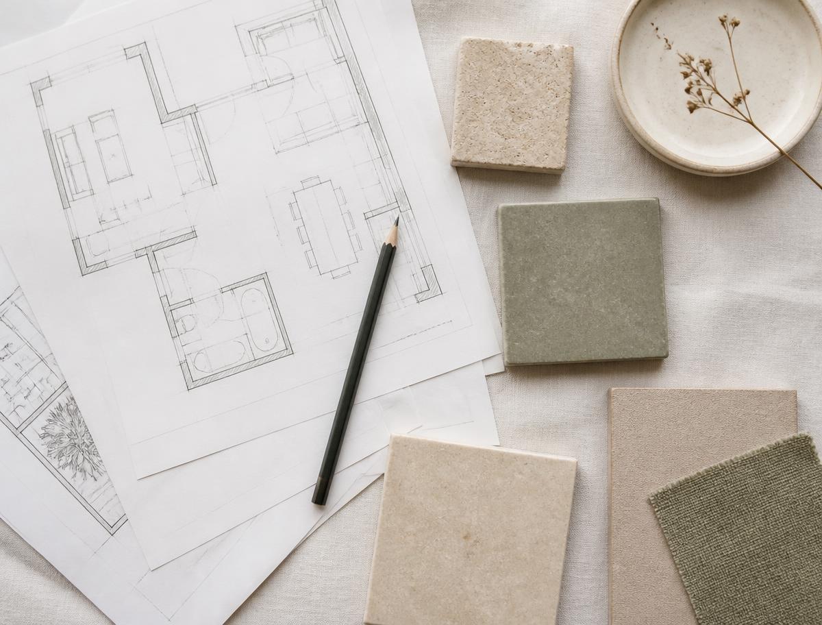 Reviewing renovation plans at a kitchen bench