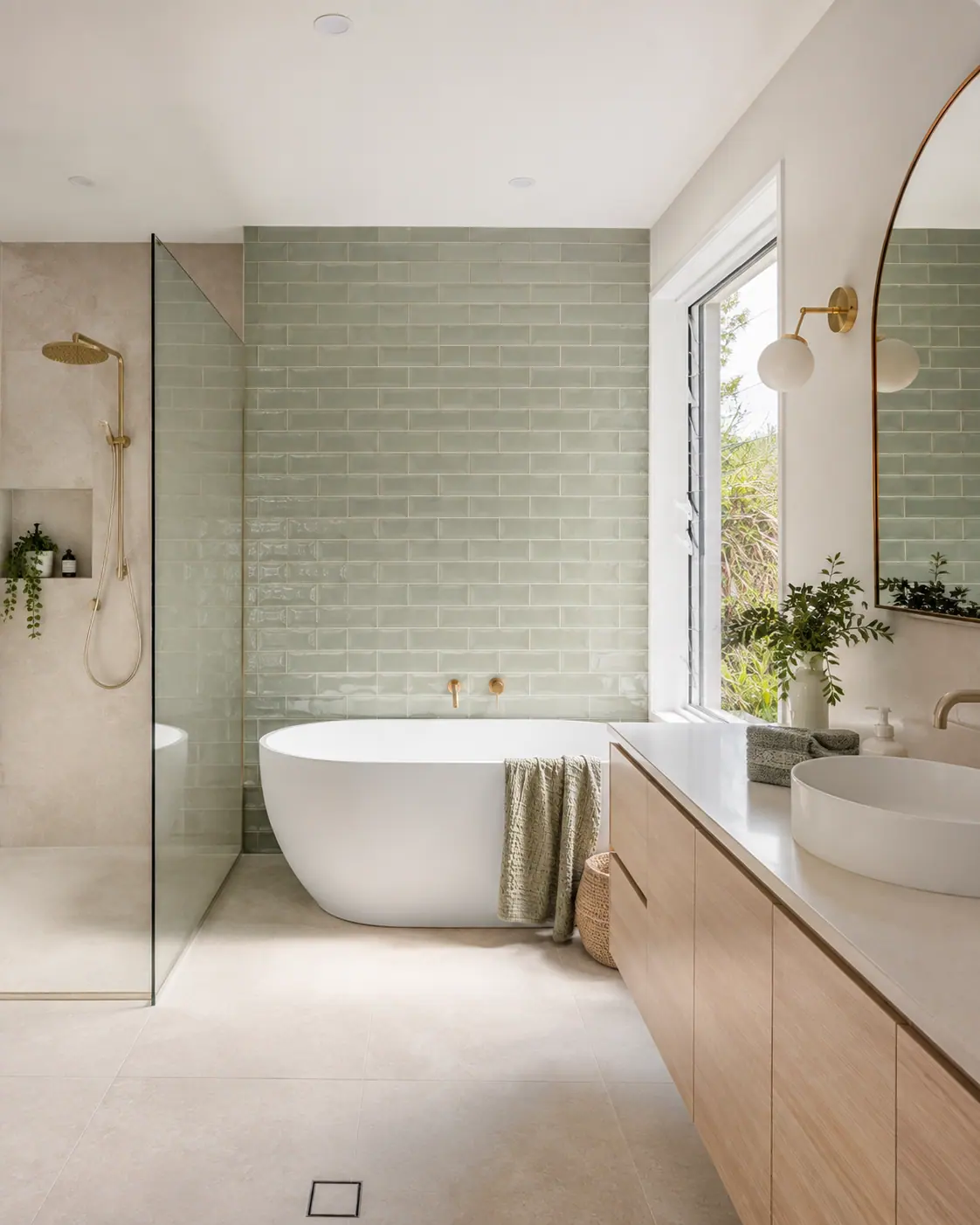 Light-filled bathroom with sage tiles, freestanding bath and timber vanity