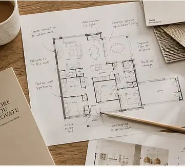 Marked-up floor plans with renovation strategy notes