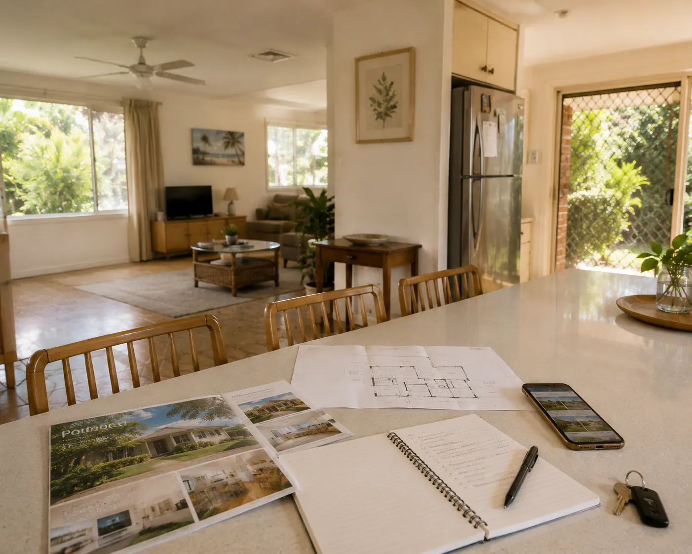 Kitchen bench with floorplans, notebook, phone and keys, with a light-filled living area in the background